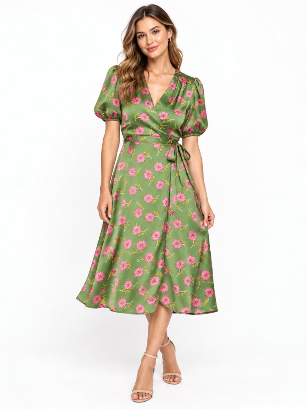 Liquorish Satin Wrap Midi Dress Green Pink Floral Wedding Guest US 8